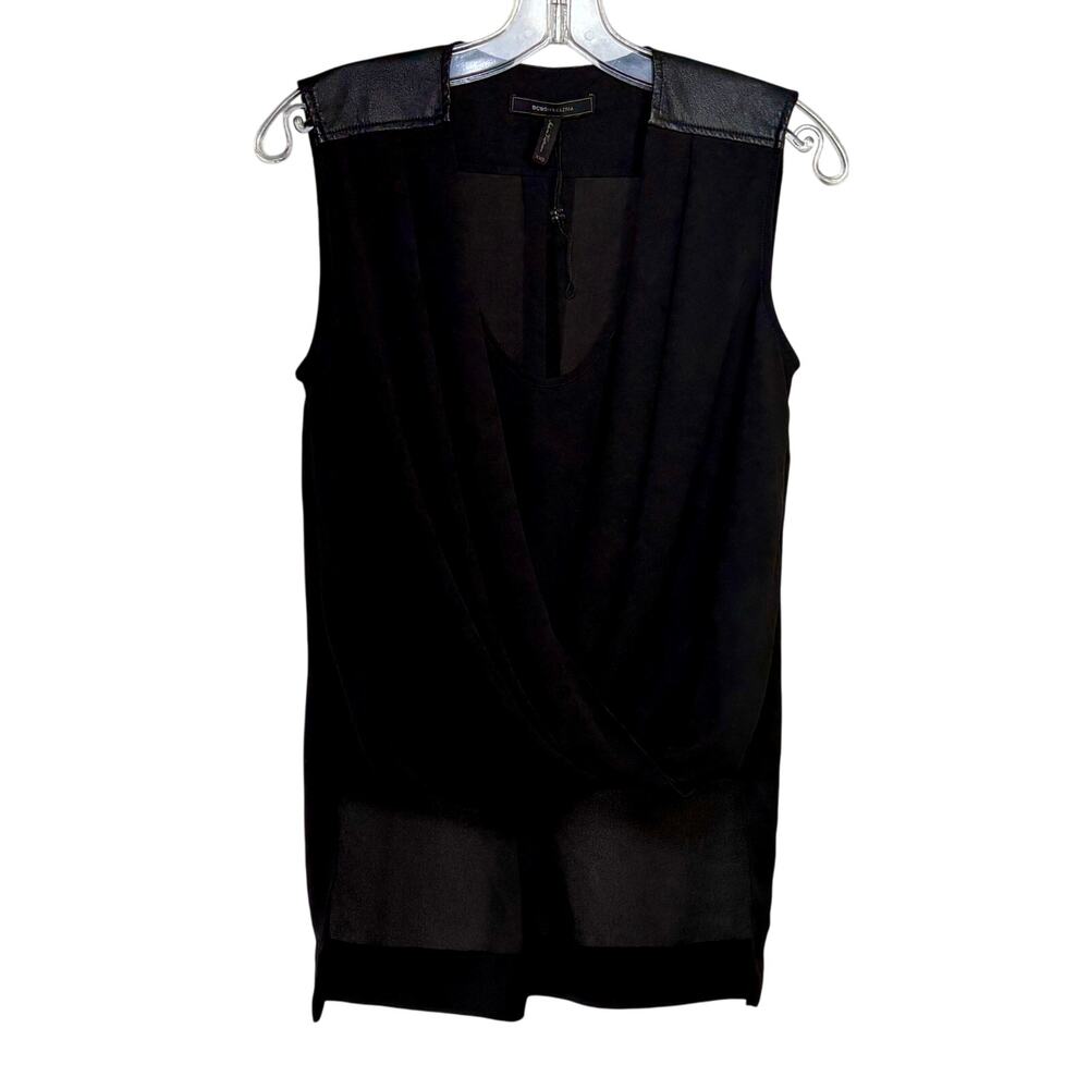 BCBGMAXAZRIA Women's XXS Black Nettie High Low Wrap Top Faux Leather Shoulders